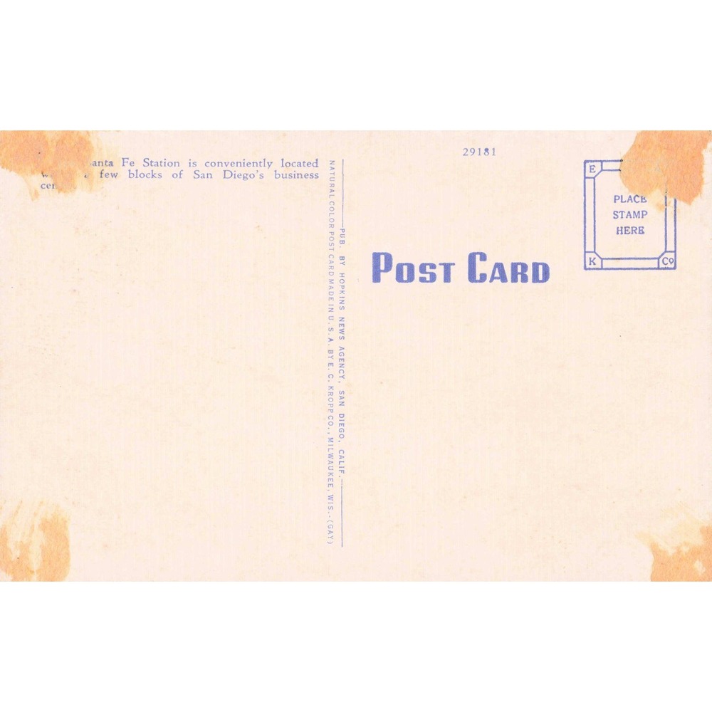 San Diego California CA Santa Fe Station Depot Linen Postcard EC Kropp Vtg Train - Picture 2 of 2